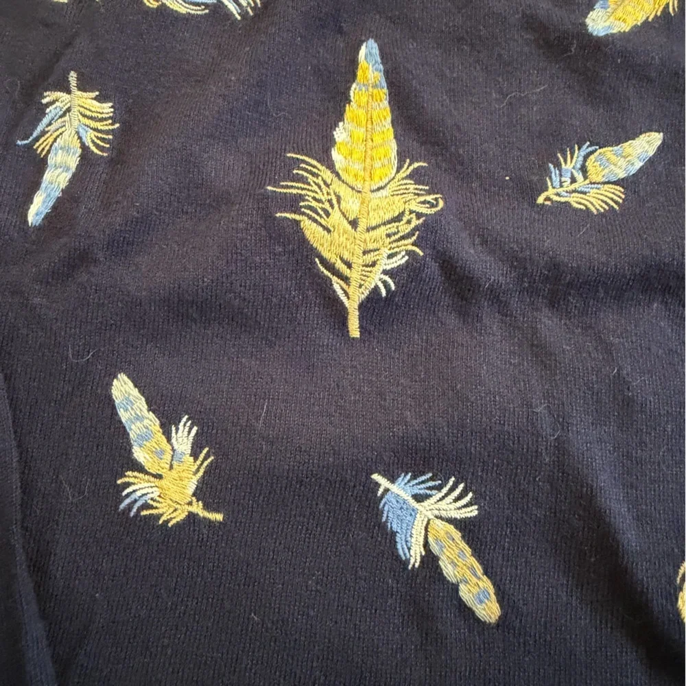 Talbots Petites Navy Lightweight Sweater Embroidered Feathers Size MP